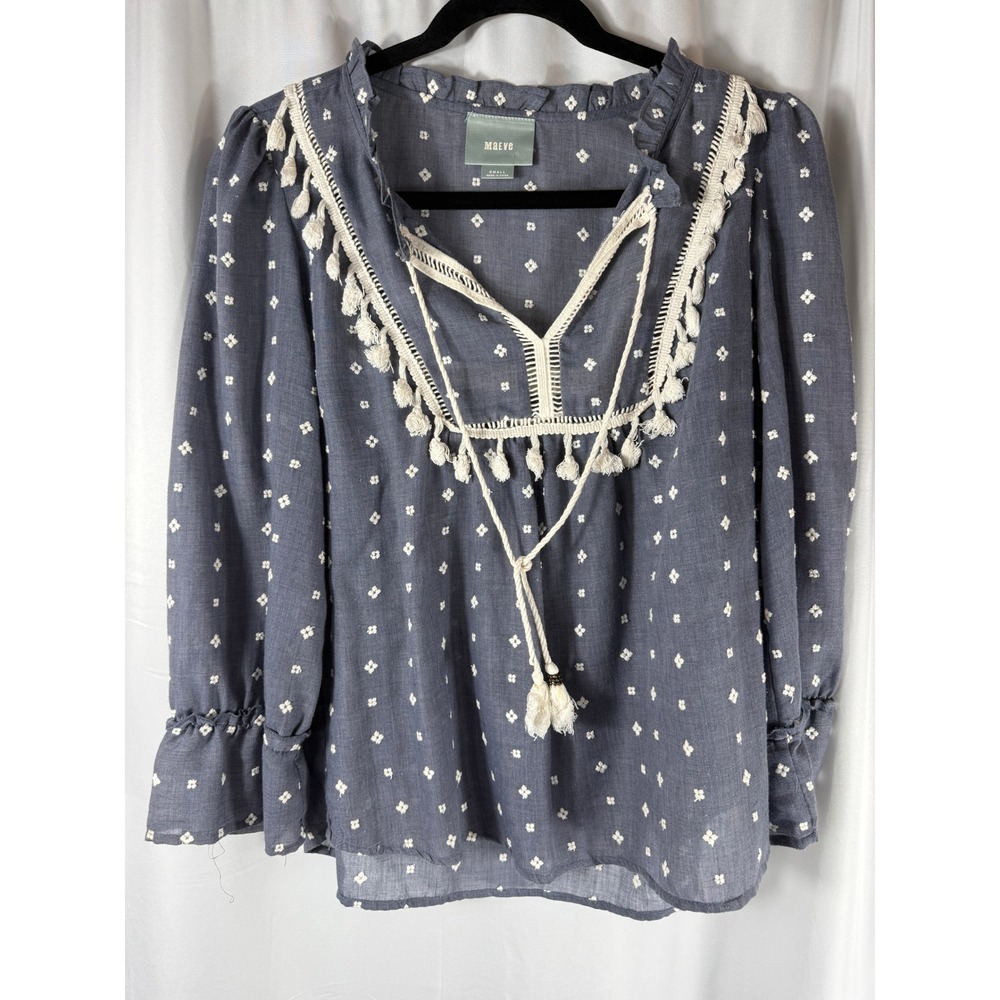 Maeve Anthropologie Embroidered Blue Blouse Top Cottagecore Peasant Boho Small